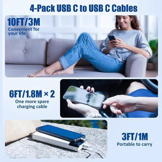 Alt view image 6 of 7 - 60W USB C to USB C Cable Fast Charging 4-Pack[3/6/6/10FT] Braided iPhone 16 15 Charging Cable, Type C Charger Power Cord for iPhone 16/15/15 Pro/15 Plus/15 Pro Max, iPad Pro 2022/Air 5, Samsung