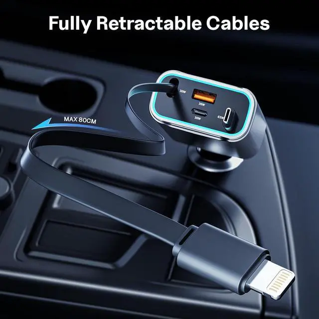 Alt view image 3 of 6 - Retractable Car Charger USB C 131W 4-in-1 Fast Charging with 2 Retractable Cables Car Phone Charger Adapter for iPhone 16 15 14 13 Fast Charge Car Accessories, Gifts for Men Women