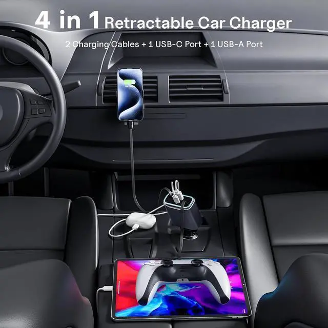 Alt view image 6 of 6 - Retractable Car Charger USB C 131W 4-in-1 Fast Charging with 2 Retractable Cables Car Phone Charger Adapter for iPhone 16 15 14 13 Fast Charge Car Accessories, Gifts for Men Women