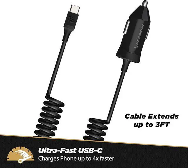 Alt view image 2 of 4 - Scosche CPDC203 PowerVolt 20-Watt USB Type-C Power Delivery 3.0 Fast Car Charger with Attached 3-Foot Adjustable Coiled Cable for All USB-C Devices