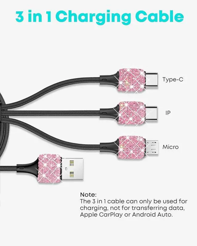 Alt view image 3 of 6 - Bling USB Car Charger 5V 2.4A Pink Crystal Decor Dual Port Fast Adapter with 4ft Nylon Type C Micro USB 3 in 1 Multi Charging Cable for iPhone iPad Android, Auto Interior Accessories for Women
