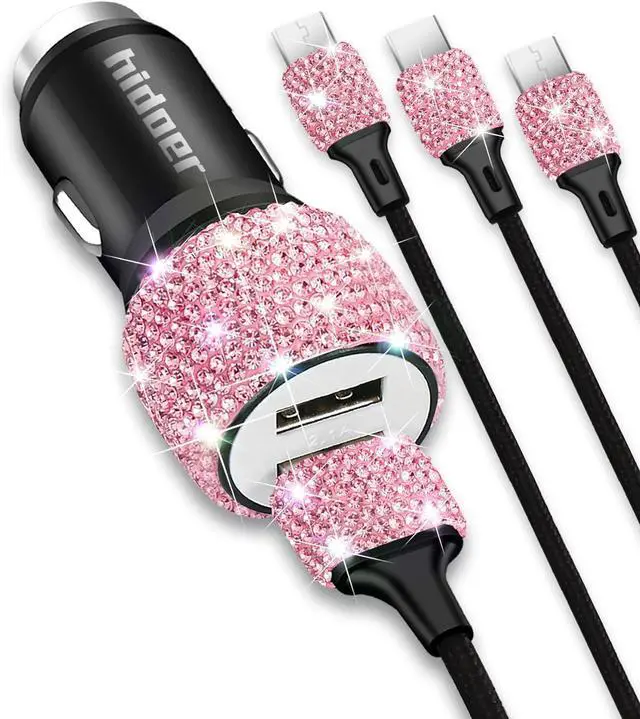 Main image of Bling USB Car Charger 5V 2.4A Pink Crystal Decor Dual Port Fast Adapter with 4ft Nylon Type C Micro USB 3 in 1 Multi Charging Cable for iPhone iPad Android, Auto Interior Accessories for Women