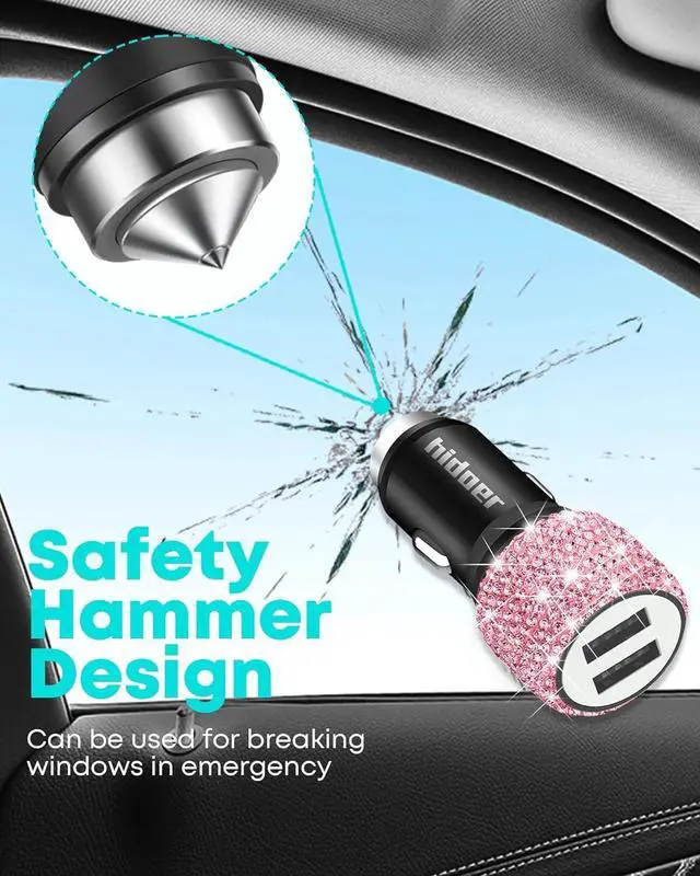 Alt view image 2 of 6 - Bling USB Car Charger 5V 2.4A Pink Crystal Decor Dual Port Fast Adapter with 4ft Nylon Type C Micro USB 3 in 1 Multi Charging Cable for iPhone iPad Android, Auto Interior Accessories for Women