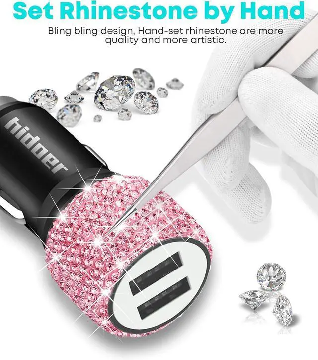 Alt view image 5 of 6 - Bling USB Car Charger 5V 2.4A Pink Crystal Decor Dual Port Fast Adapter with 4ft Nylon Type C Micro USB 3 in 1 Multi Charging Cable for iPhone iPad Android, Auto Interior Accessories for Women