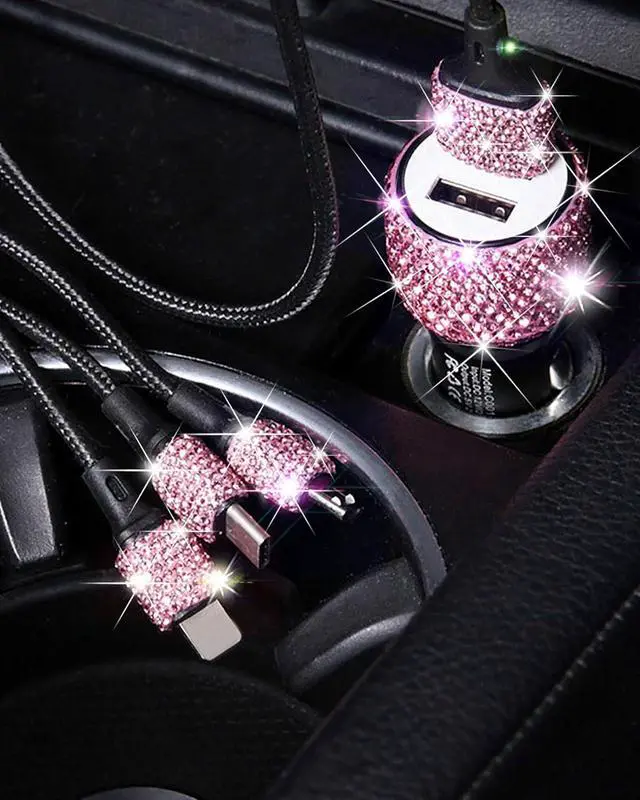 Alt view image 6 of 6 - Bling USB Car Charger 5V 2.4A Pink Crystal Decor Dual Port Fast Adapter with 4ft Nylon Type C Micro USB 3 in 1 Multi Charging Cable for iPhone iPad Android, Auto Interior Accessories for Women