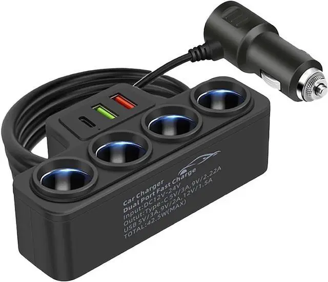 Main image of Multi-Function Cigarette Lighter Splitter Cell Phone Car Charger 4 Cigarette Lighter Sockets 1 PD Fast Charger Port 2-Port USB Power Adapter for Cell Phones Adapter