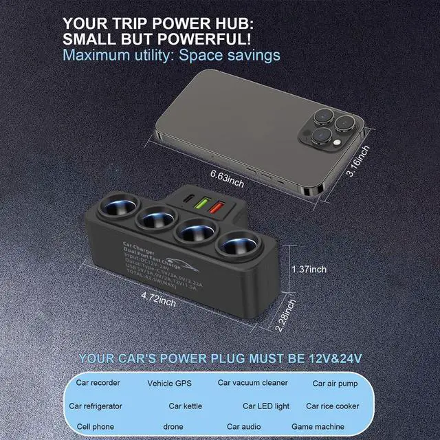 Alt view image 3 of 6 - Multi-Function Cigarette Lighter Splitter Cell Phone Car Charger 4 Cigarette Lighter Sockets 1 PD Fast Charger Port 2-Port USB Power Adapter for Cell Phones Adapter