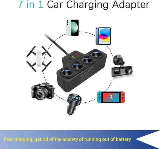 Alt view image 2 of 6 - Multi-Function Cigarette Lighter Splitter Cell Phone Car Charger 4 Cigarette Lighter Sockets 1 PD Fast Charger Port 2-Port USB Power Adapter for Cell Phones Adapter
