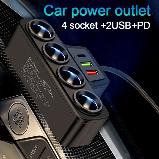 Alt view image 4 of 6 - Multi-Function Cigarette Lighter Splitter Cell Phone Car Charger 4 Cigarette Lighter Sockets 1 PD Fast Charger Port 2-Port USB Power Adapter for Cell Phones Adapter
