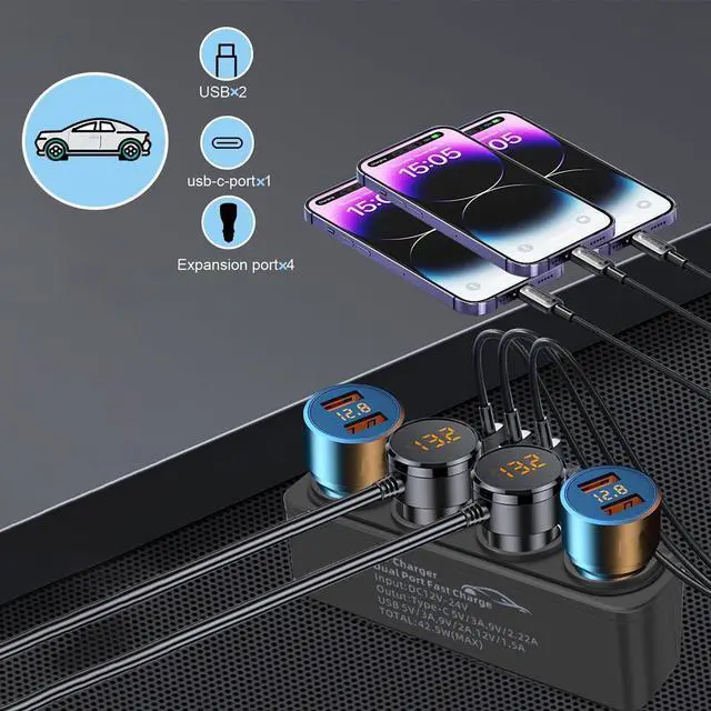 Alt view image 5 of 6 - Multi-Function Cigarette Lighter Splitter Cell Phone Car Charger 4 Cigarette Lighter Sockets 1 PD Fast Charger Port 2-Port USB Power Adapter for Cell Phones Adapter