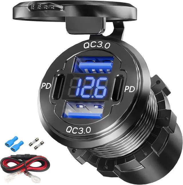 Main image of Dual PD USB C Ports & Dual Quick Charge 3.0 Ports Car Charger Socket, VANONE Aluminum Alloy Waterproof 12V USB Outlet, Accessories for Car Boat Marine Motorcycle RV ATV Truck Golf Cart, etc