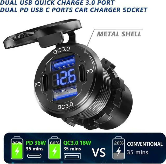 Alt view image 2 of 5 - Dual PD USB C Ports & Dual Quick Charge 3.0 Ports Car Charger Socket, VANONE Aluminum Alloy Waterproof 12V USB Outlet, Accessories for Car Boat Marine Motorcycle RV ATV Truck Golf Cart, etc
