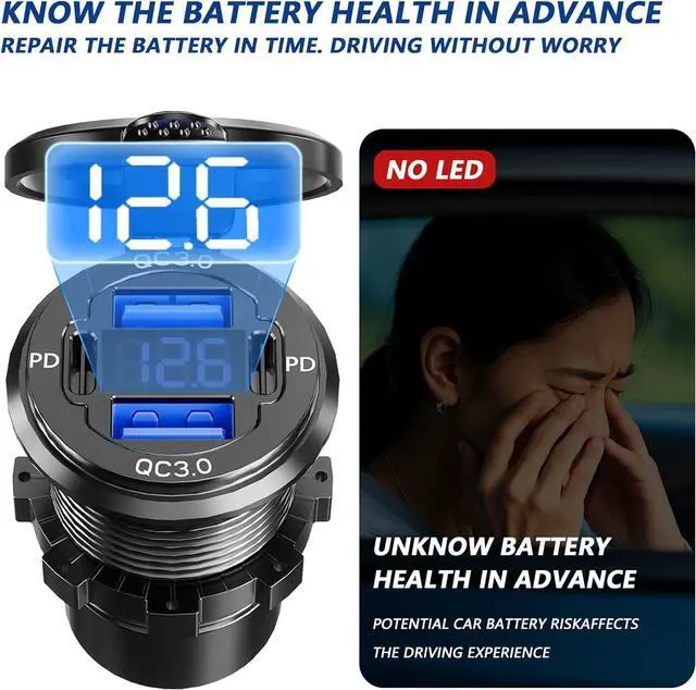 Alt view image 3 of 5 - Dual PD USB C Ports & Dual Quick Charge 3.0 Ports Car Charger Socket, VANONE Aluminum Alloy Waterproof 12V USB Outlet, Accessories for Car Boat Marine Motorcycle RV ATV Truck Golf Cart, etc