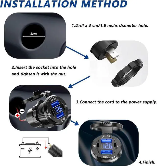 Alt view image 4 of 5 - Dual PD USB C Ports & Dual Quick Charge 3.0 Ports Car Charger Socket, VANONE Aluminum Alloy Waterproof 12V USB Outlet, Accessories for Car Boat Marine Motorcycle RV ATV Truck Golf Cart, etc