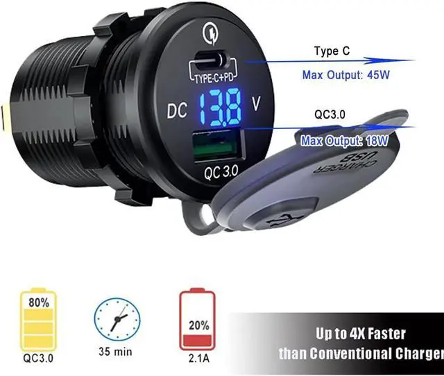 Alt view image 2 of 7 - GemCoo 63W USB C Car Charger Socket, 45W PD Outlet 18W QC3.0 Charger 12V USB Cigarette Lighter Socket with LED Voltmeter for Car RV Boat Marine Truck Motorcycle