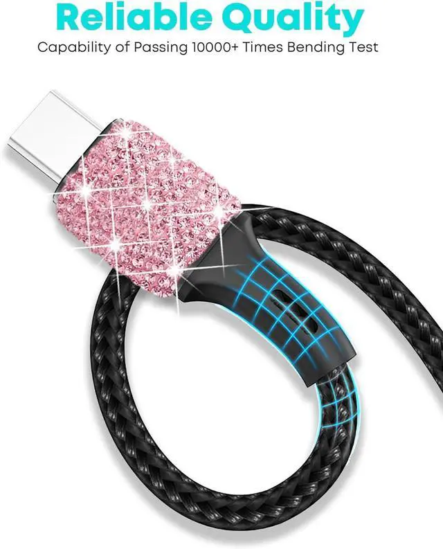 Alt view image 4 of 6 - Bling USB Car Charger 5V 2.4A Pink Crystal Decor Dual Port Fast Adapter with 4ft Nylon Type C Micro USB 3 in 1 Multi Charging Cable for iPhone iPad Android, Auto Interior Accessories for Women