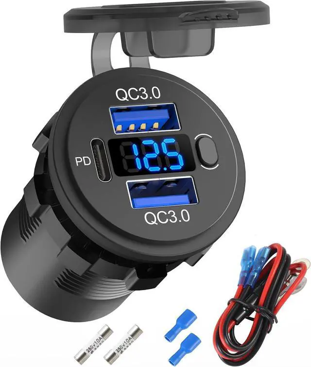 Main image of 12 Volt USB Outlet Dual Quick Charge 3.0 Port and PD3.0 USB C Car Battery Chargers Socket, Waterproof 12V Power Outlet Cigarette Lighter Replacement DIY Kit with Voltmeter and Switch for Boat