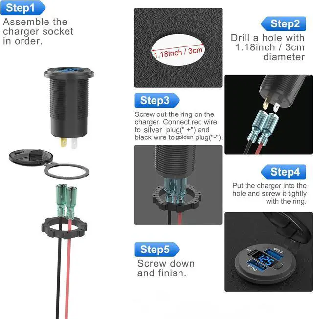 Alt view image 5 of 7 - 12 Volt USB Outlet Dual Quick Charge 3.0 Port and PD3.0 USB C Car Battery Chargers Socket, Waterproof 12V Power Outlet Cigarette Lighter Replacement DIY Kit with Voltmeter and Switch for Boat