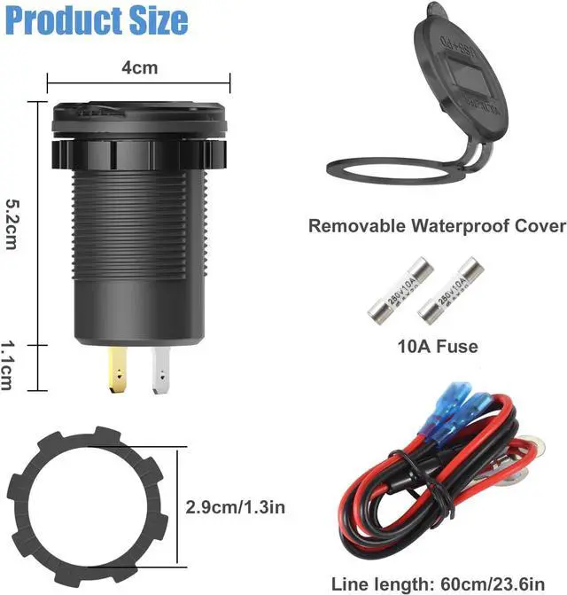 Alt view image 7 of 7 - 12 Volt USB Outlet Dual Quick Charge 3.0 Port and PD3.0 USB C Car Battery Chargers Socket, Waterproof 12V Power Outlet Cigarette Lighter Replacement DIY Kit with Voltmeter and Switch for Boat
