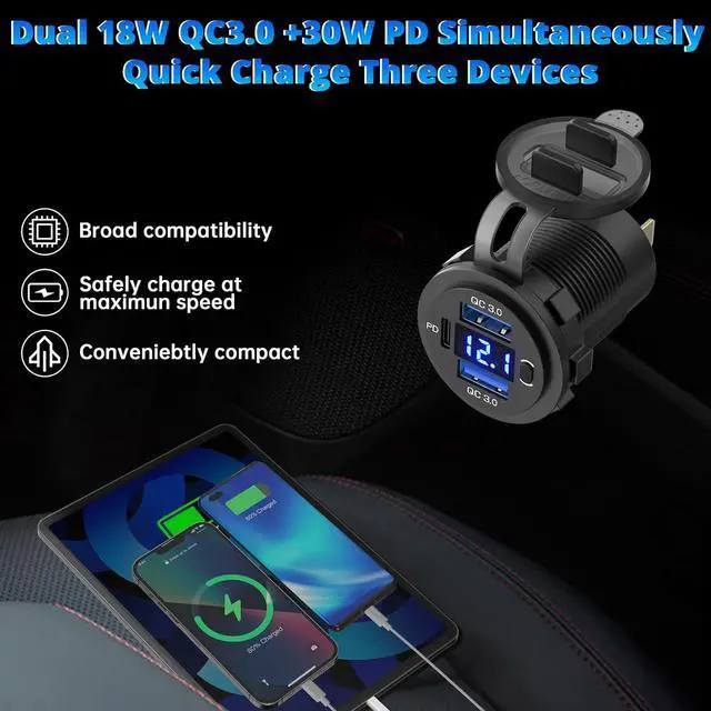 Alt view image 2 of 7 - Qidoe 12V USB Outlet Dual 18W Quick Charge 3.0 Port & 30W PD 12V USB C Car Charger Socket with Voltmeter and Power Switch, Waterproof Multiple Car USB Port Adapter for Car Boat Marine Truck Golf RV