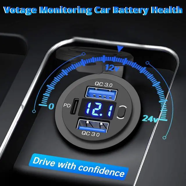 Alt view image 4 of 7 - Qidoe 12V USB Outlet Dual 18W Quick Charge 3.0 Port & 30W PD 12V USB C Car Charger Socket with Voltmeter and Power Switch, Waterproof Multiple Car USB Port Adapter for Car Boat Marine Truck Golf RV