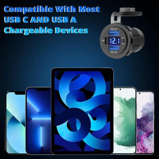 Alt view image 7 of 7 - Qidoe 12V USB Outlet Dual 18W Quick Charge 3.0 Port & 30W PD 12V USB C Car Charger Socket with Voltmeter and Power Switch, Waterproof Multiple Car USB Port Adapter for Car Boat Marine Truck Golf RV