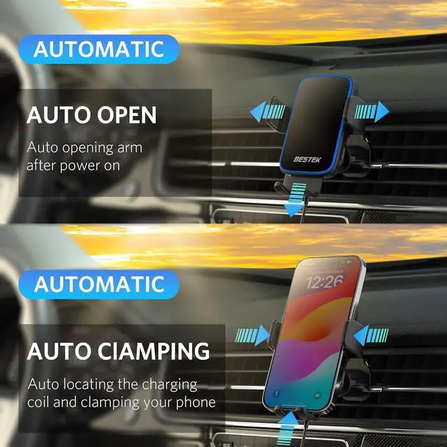 Alt view image 5 of 7 - Wireless Car Charger, BESTEK 15W Fast Charging Auto Clamping Car Phone Holder with QC3.0 Car Charger, Air Vent Car Phone Mount Compatible with iPhone 15/14/13/12/X/8 Series, Samsung, LG,Google