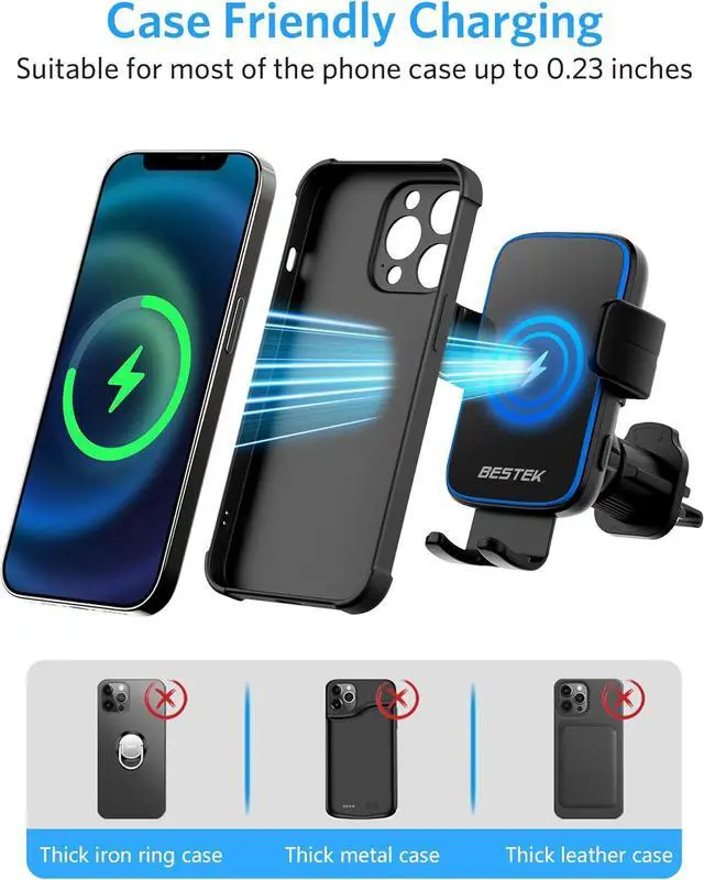 Alt view image 6 of 7 - Wireless Car Charger, BESTEK 15W Fast Charging Auto Clamping Car Phone Holder with QC3.0 Car Charger, Air Vent Car Phone Mount Compatible with iPhone 15/14/13/12/X/8 Series, Samsung, LG,Google