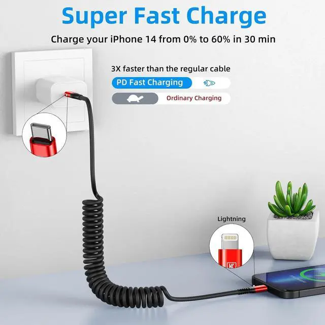 Alt view image 2 of 6 - USB C to Lightning Cable, 2Pack 3FT Coiled Fast Charger for Car Type C to Lightning Cable Cord Compatible with 14 13 12 11 Pro Max Xr Xs 8 7 Plus Carlay-Red