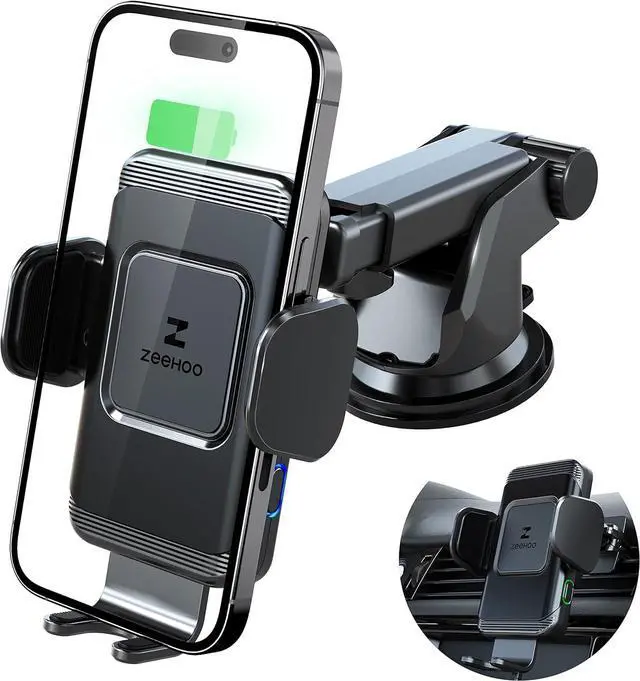 Main image of ZeeHoo Wireless Car Charger,15 W Fast Charging Auto-Clamping Car Mount,Windshield Dash Air Vent Phone Holder for iPhone 14 13 12 Mini 11 Pro Max XS XR 8,Samsung S22 S21 S20 Note 20 10 9 8
