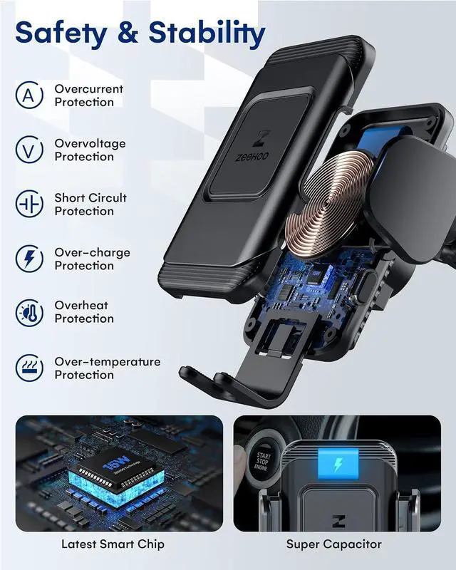 Alt view image 6 of 6 - ZeeHoo Wireless Car Charger,15 W Fast Charging Auto-Clamping Car Mount,Windshield Dash Air Vent Phone Holder for iPhone 14 13 12 Mini 11 Pro Max XS XR 8,Samsung S22 S21 S20 Note 20 10 9 8