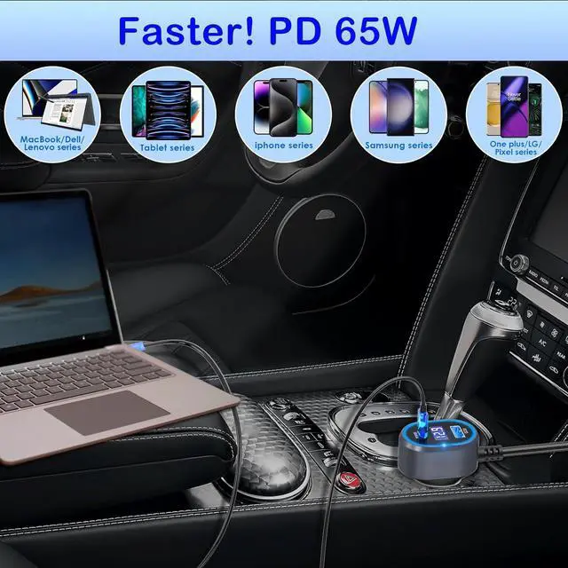 Alt view image 3 of 7 - Cigarette Lighter Splitter 12V Plug 2-Socket with PD 65W Port, Car USB Charger Multi Port 300W 12V/24V Adapter with Voltage Display and 15A Fuse for All Car Devices, DC Outlet Car Accessories