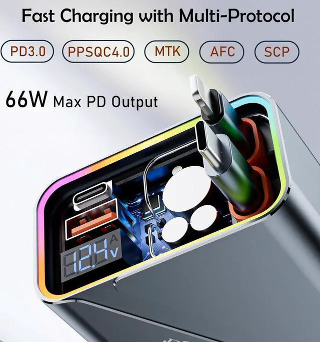 Alt view image 3 of 7 - Retractable Car Charger 4 in 1 Car Accessories 66W Fast Car Phone Charger with 35.5in Cords and RGB Light for iPhone 16/15/14/13/12/11,MacBook,Samsung,Tablets,Android Multiple Devices