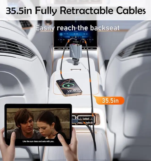 Alt view image 4 of 7 - Retractable Car Charger 4 in 1 Car Accessories 66W Fast Car Phone Charger with 35.5in Cords and RGB Light for iPhone 16/15/14/13/12/11,MacBook,Samsung,Tablets,Android Multiple Devices