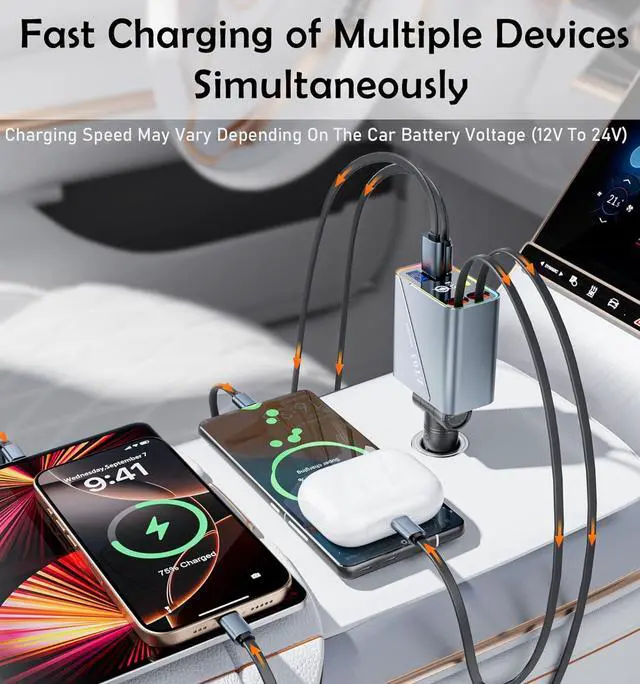 Alt view image 2 of 7 - Retractable Car Charger 4 in 1 Car Accessories 66W Fast Car Phone Charger with 35.5in Cords and RGB Light for iPhone 16/15/14/13/12/11,MacBook,Samsung,Tablets,Android Multiple Devices