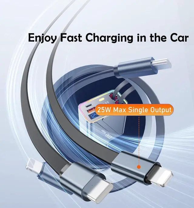 Alt view image 6 of 7 - Retractable Car Charger 4 in 1 Car Accessories 66W Fast Car Phone Charger with 35.5in Cords and RGB Light for iPhone 16/15/14/13/12/11,MacBook,Samsung,Tablets,Android Multiple Devices