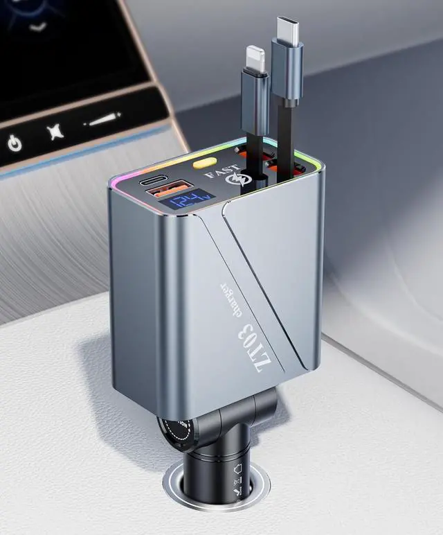 Main image of Retractable Car Charger 4 in 1 Car Accessories 66W Fast Car Phone Charger with 35.5in Cords and RGB Light for iPhone 16/15/14/13/12/11,MacBook,Samsung,Tablets,Android Multiple Devices