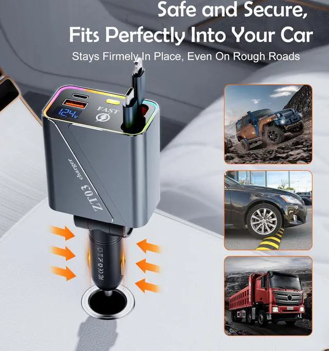 Alt view image 7 of 7 - Retractable Car Charger 4 in 1 Car Accessories 66W Fast Car Phone Charger with 35.5in Cords and RGB Light for iPhone 16/15/14/13/12/11,MacBook,Samsung,Tablets,Android Multiple Devices