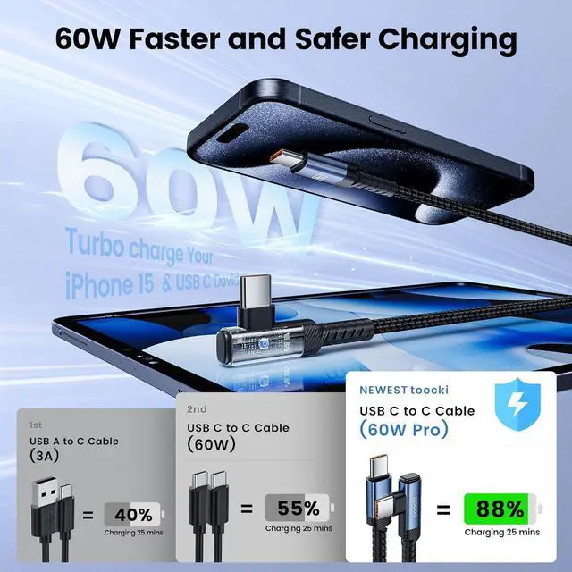 Alt view image 4 of 7 - 15FT Right Angle USB C Cable, 60W Extra Long Charging Cord Nylon Braided USB C Charger Cable for iPhone 16/15 Pro Max, iPad/MacBook, Galaxy S20, Pixel, Switch, Camera