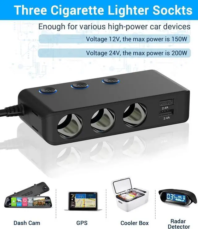 Alt view image 2 of 7 - Car Charger Splitter 200W, Qidoe 3 Socket Cigarette Lighter Adapter with PD30W USB-C & QC3.0 Multi USB Car Charger DC Outlet Cigarette Splitter Power Switches Voltmeter for GPS Dash Cam Phone