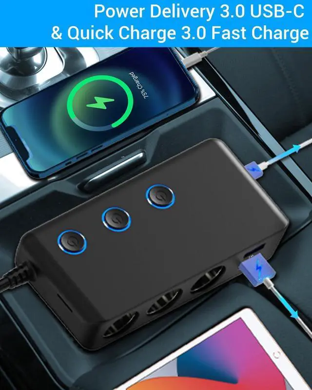 Alt view image 4 of 7 - Car Charger Splitter 200W, Qidoe 3 Socket Cigarette Lighter Adapter with PD30W USB-C & QC3.0 Multi USB Car Charger DC Outlet Cigarette Splitter Power Switches Voltmeter for GPS Dash Cam Phone