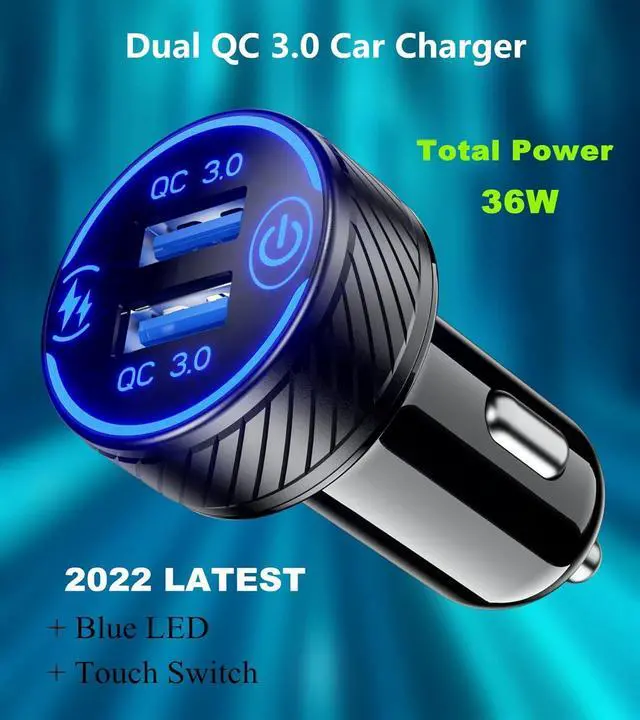 Alt view image 2 of 7 - BRCOVAN Car Charger, Dual QC3.0 Port USB Car Phone Charger Adapter, 36W 3A Fast Charge with Touch Switch & Blue LED