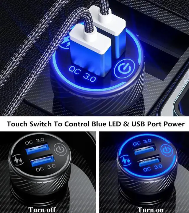 Alt view image 5 of 7 - BRCOVAN Car Charger, Dual QC3.0 Port USB Car Phone Charger Adapter, 36W 3A Fast Charge with Touch Switch & Blue LED