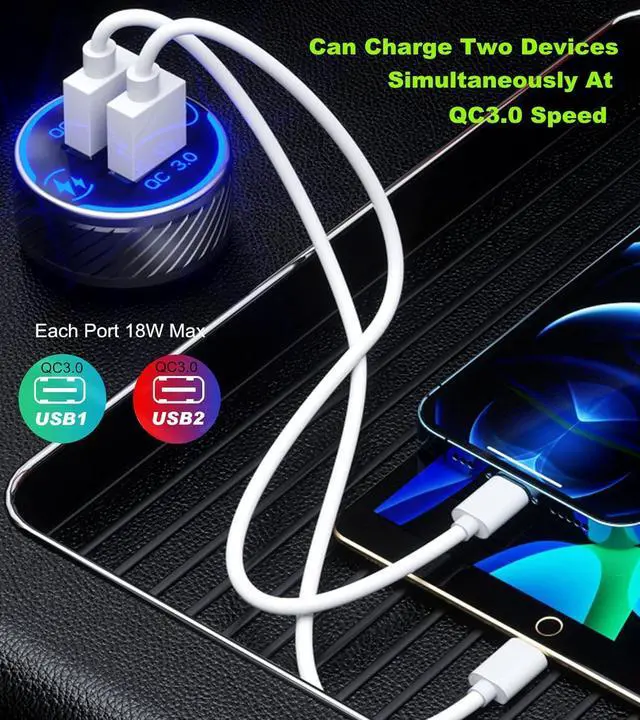 Alt view image 4 of 7 - BRCOVAN Car Charger, Dual QC3.0 Port USB Car Phone Charger Adapter, 36W 3A Fast Charge with Touch Switch & Blue LED