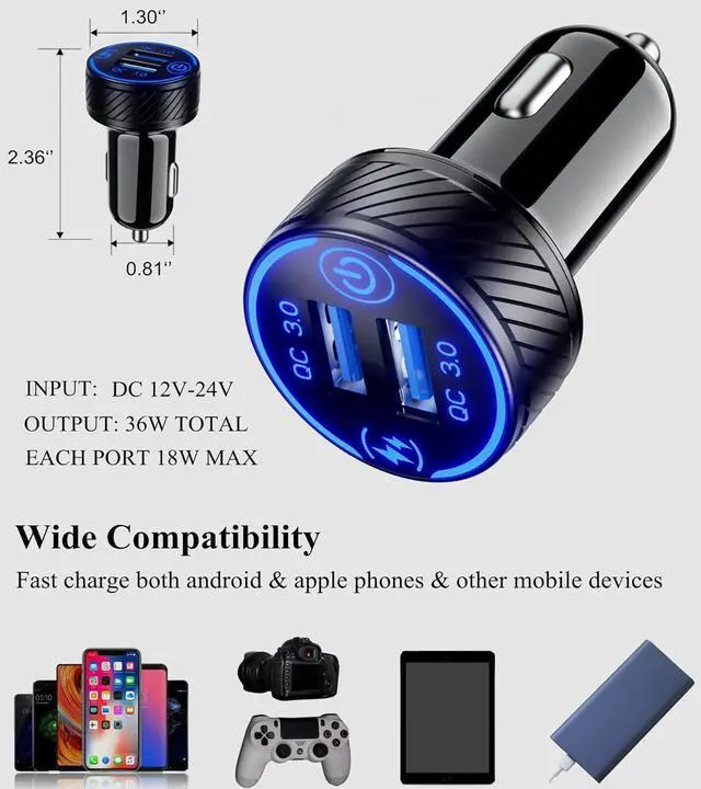 Alt view image 7 of 7 - BRCOVAN Car Charger, Dual QC3.0 Port USB Car Phone Charger Adapter, 36W 3A Fast Charge with Touch Switch & Blue LED