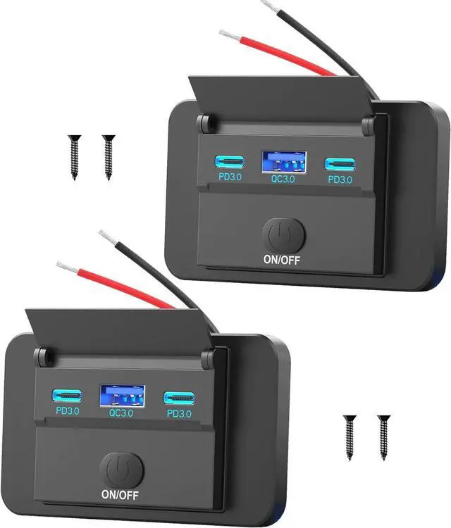 Main image of 2 Pack 12V USB Outlet Surface Mount Lightweight, Dual USB C 30W and QC 18W Car USB Port 12 Volt USB Cigarette Lighter Replacement Charger Socket Panel with Button Switch for RV Bus Marine Motorcycle