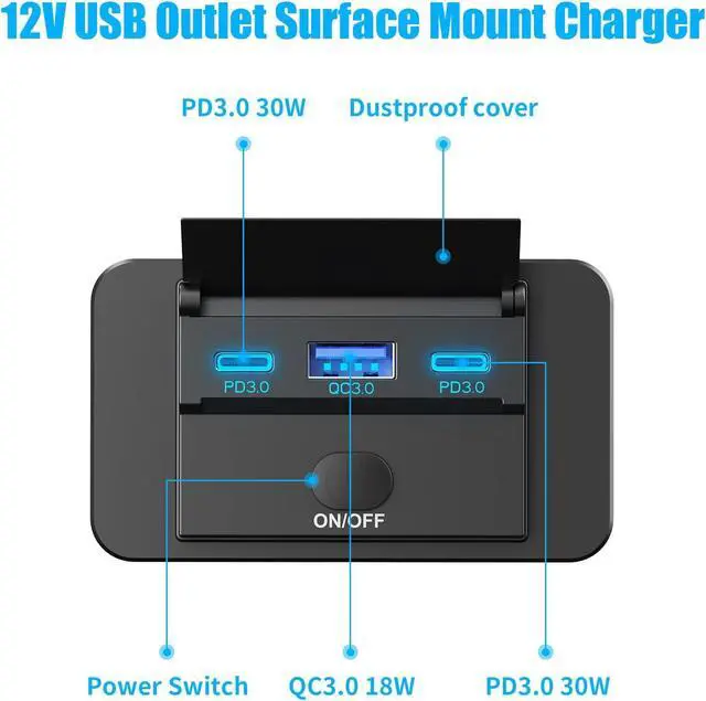 Alt view image 2 of 7 - 2 Pack 12V USB Outlet Surface Mount Lightweight, Dual USB C 30W and QC 18W Car USB Port 12 Volt USB Cigarette Lighter Replacement Charger Socket Panel with Button Switch for RV Bus Marine Motorcycle