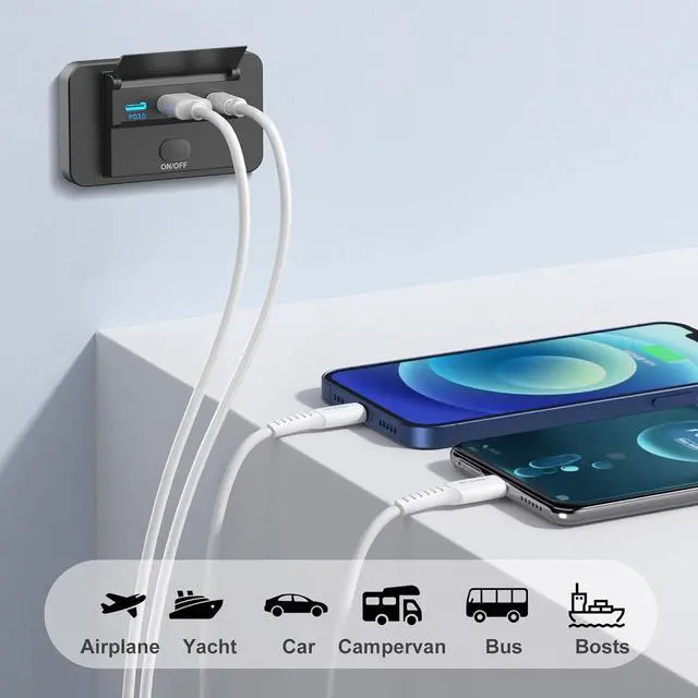 Alt view image 7 of 7 - 2 Pack 12V USB Outlet Surface Mount Lightweight, Dual USB C 30W and QC 18W Car USB Port 12 Volt USB Cigarette Lighter Replacement Charger Socket Panel with Button Switch for RV Bus Marine Motorcycle