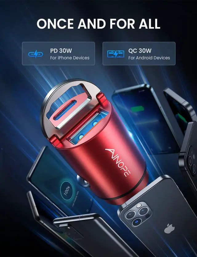 Alt view image 6 of 6 - AINOPE USB C Car Charger Adapter, PD36W & QC36W Fast Charging, Mini & All Metal, Compatible with iPhone 15/14 Pro Max/13 & Samsung Smartphones, Red
