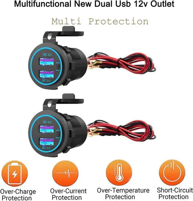 Alt view image 2 of 7 - Zennova [2 Pack] 12V Dual USB Quick Charger 3.0 Port Waterproof Power Outlet With Power Switch for Car, Golf Cart, Boat, Marine, Bus, Truck, RV, Motorcycle